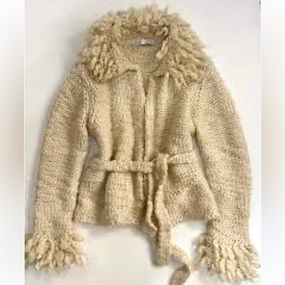 NEW Zara Boho Chunky Knit Wool blend Fringe Belted Cardigan Jacket Ecru NWT SM